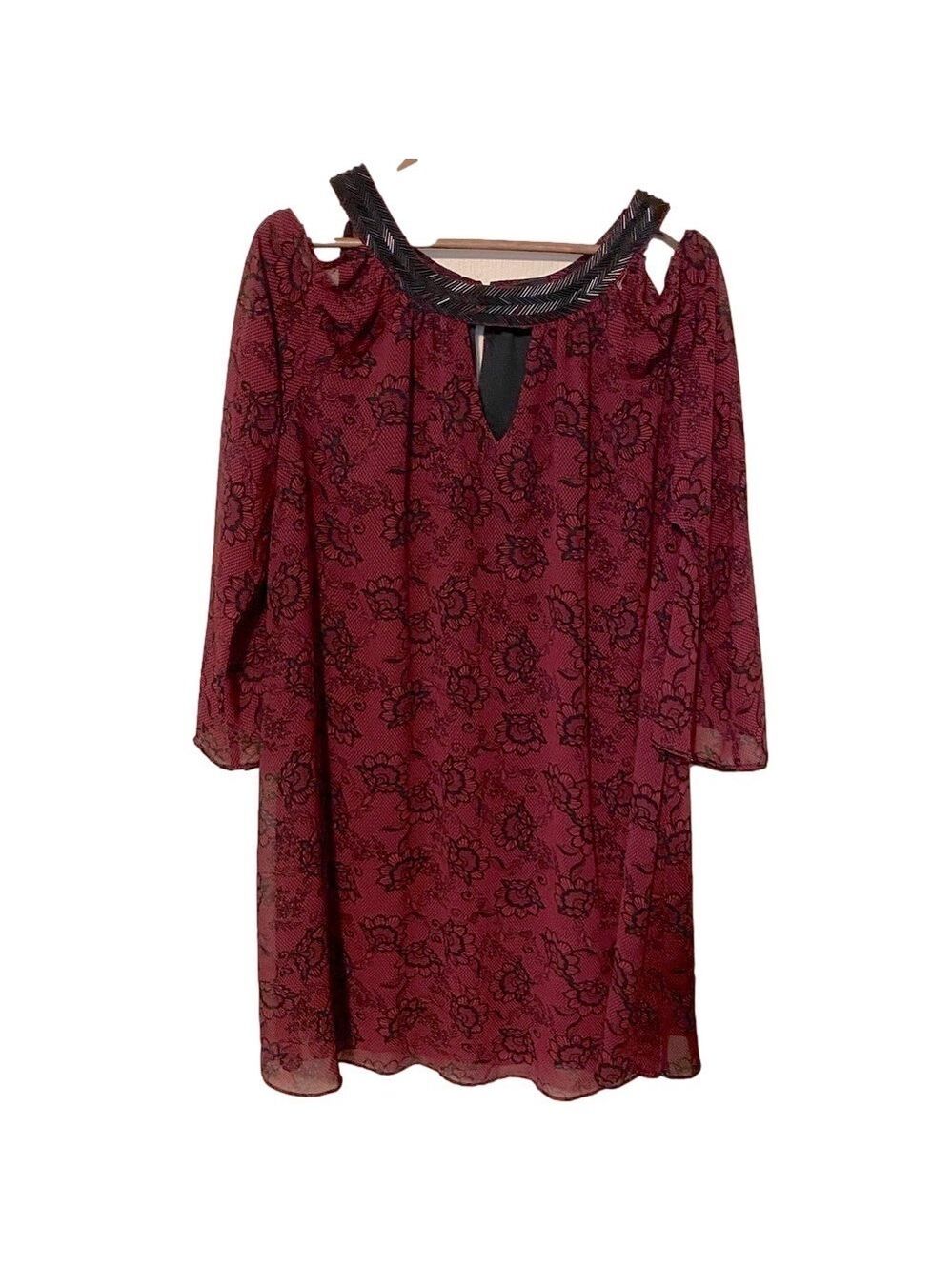 Holiday dress. Beaded detail at neck and cuff. Cold shoulder. XL
